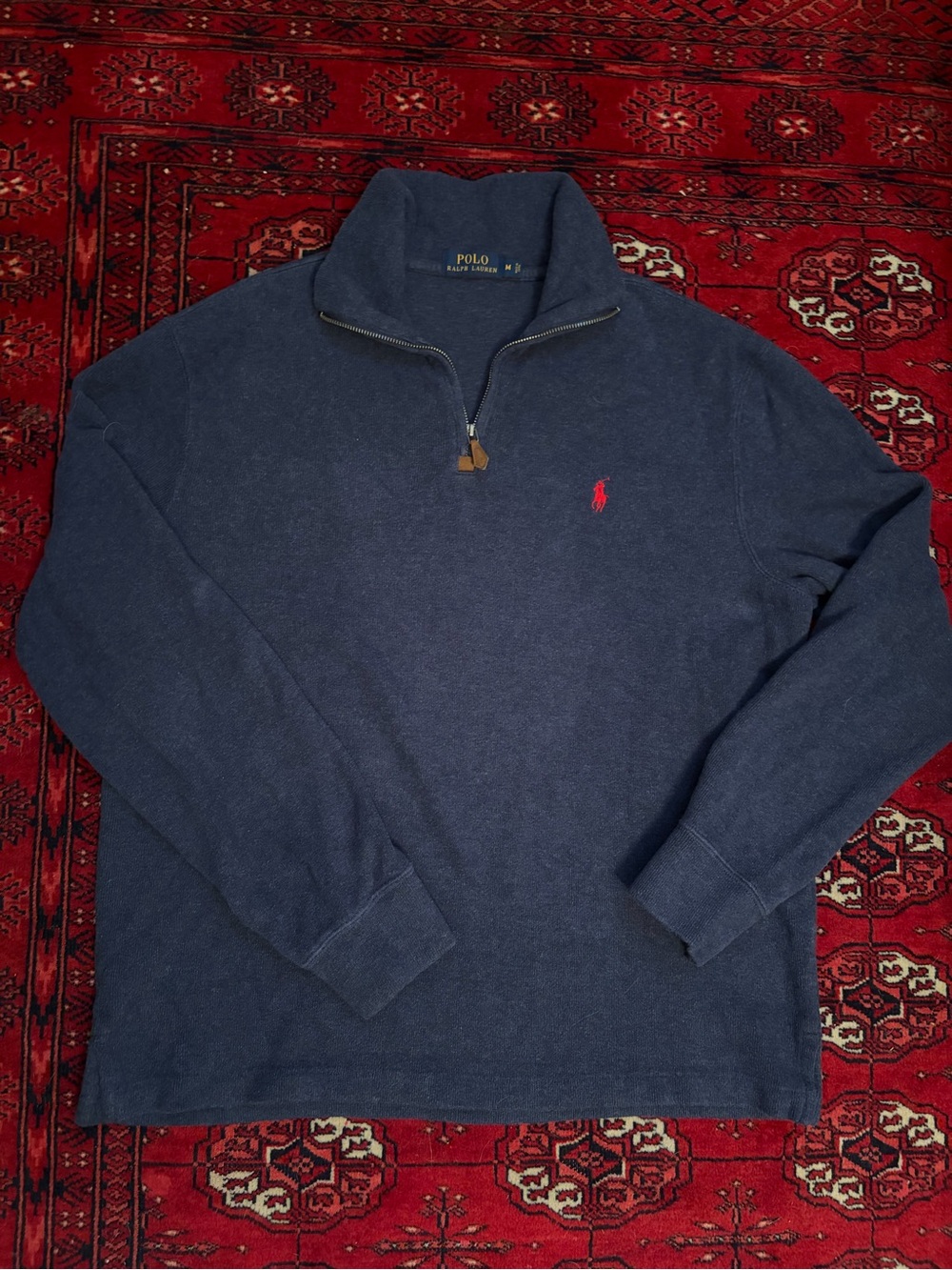 Polo by Ralph Lauren Classic Navy Half-Zip Sweater with Red Pony Cotton Medium